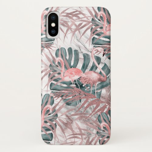 Rose Gold Tropical Flamingos Leaves  Marble iPhone X Case