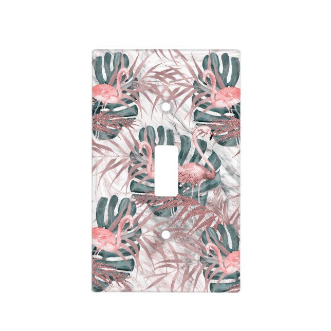 Rose Gold Tropical Flamingos Leaves & Marble Light Switch Cover (Front)