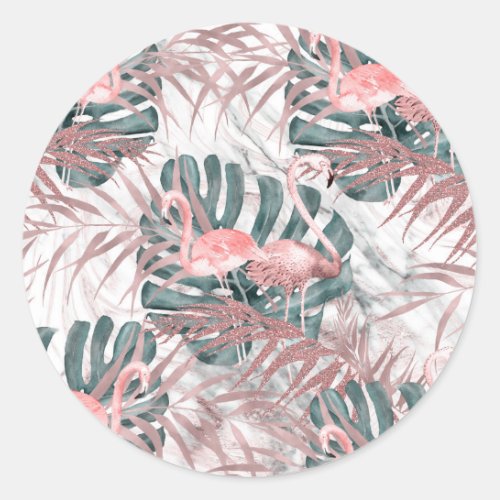 Rose Gold Tropical Flamingos Leaves  Marble Party Classic Round Sticker