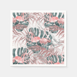 Rose Gold Tropical Flamingos Leaves & Marble Party Napkins