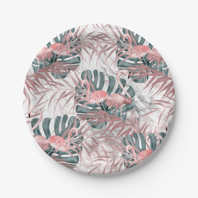 Rose Gold Tropical Flamingos Leaves & Marble Party Paper Plates (Front)