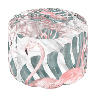 Rose Gold Tropical Flamingos Leaves & Marble Pouf
