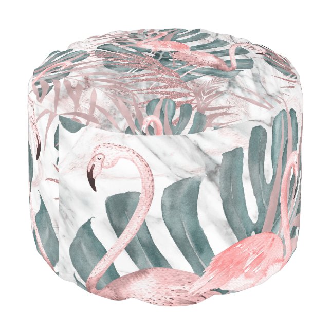 Rose Gold Tropical Flamingos Leaves & Marble Pouf (Angled Back)