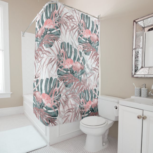Rose Gold Tropical Flamingos Leaves & Marble Shower Curtain (In Situ)