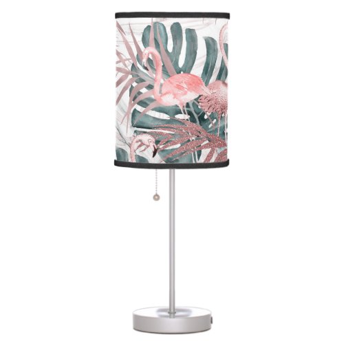 Rose Gold Tropical Flamingos Leaves  Marble Table Lamp