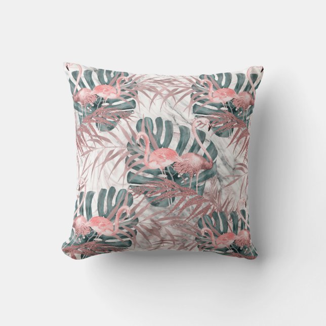 Rose Gold Tropical Flamingos Leaves & Marble Throw Pillow (Front)