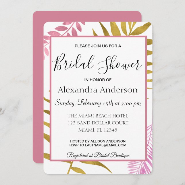 Rose Gold Tropical Floral Bridal Shower Invitation (Front/Back)