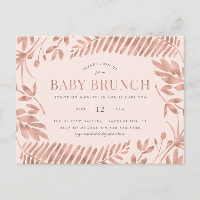 Rose Gold Tropical Greenery Baby Brunch Invitation Postcard (Front)