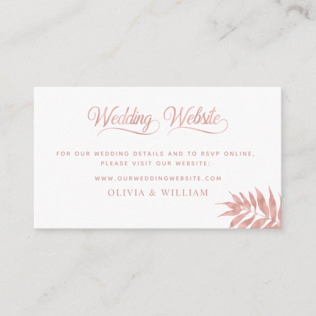 Rose Gold Tropical Leaf Elegant Wedding Website Enclosure Card (Front)