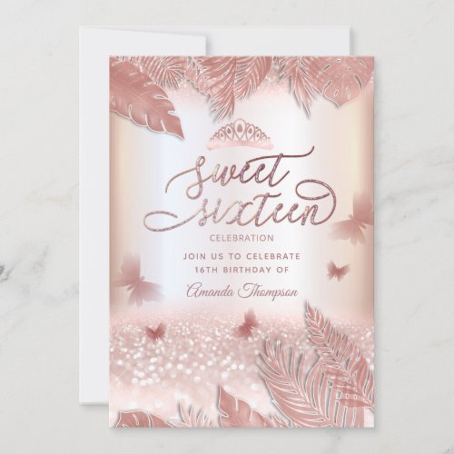 Rose gold tropical leaves glitter butterfly tiara  invitation