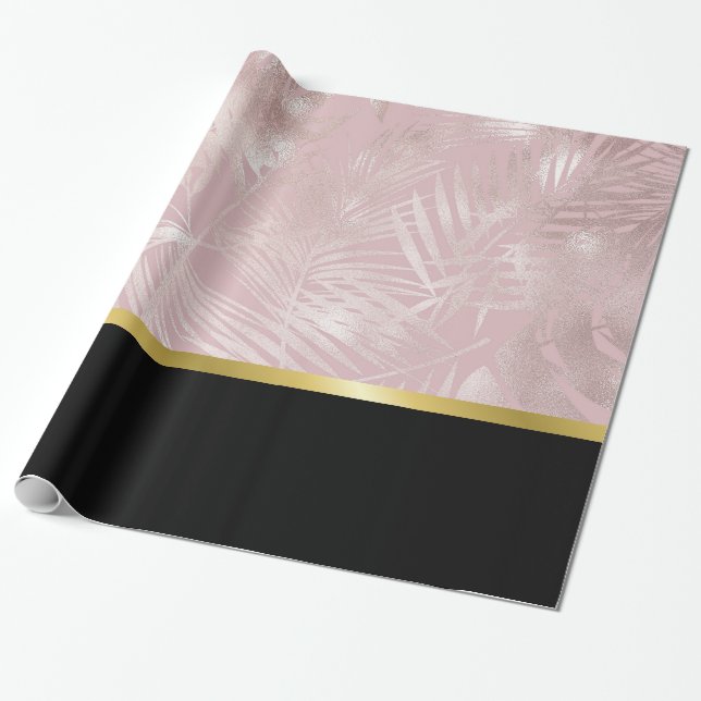 Rose Gold Tropical Leaves with Black Border Wrapping Paper (Unrolled)