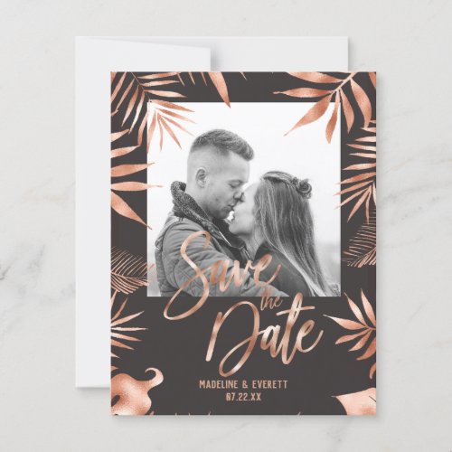 Rose Gold Tropical Palm Leaf Save the Date Photo