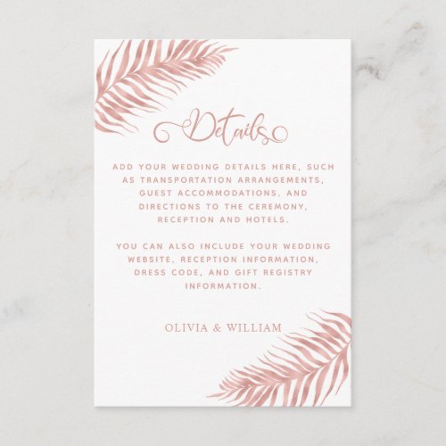 Rose Gold Tropical Palm Leaf White Wedding Details Enclosure Card