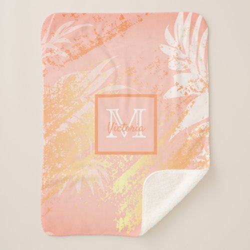 Rose gold tropical palm tree leaves monogram sherpa blanket