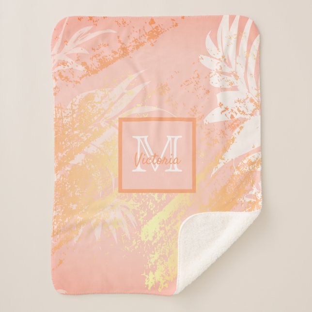 Rose gold tropical palm tree leaves monogram sherpa blanket (Front)