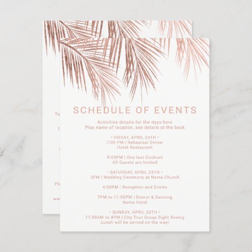 Rose gold tropical palm tree schedule wedding invitation