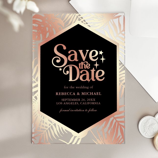 Rose Gold Tropical Palm Wedding Save the Date (Creator Uploaded)