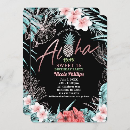 Rose Gold Tropical Pineapple Aloha Luau Sweet 16 Invitation