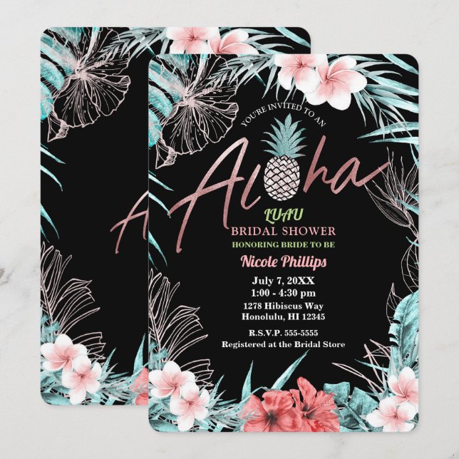 Rose Gold Tropical Pineapple Botanical Aloha Luau Invitation (Front/Back)