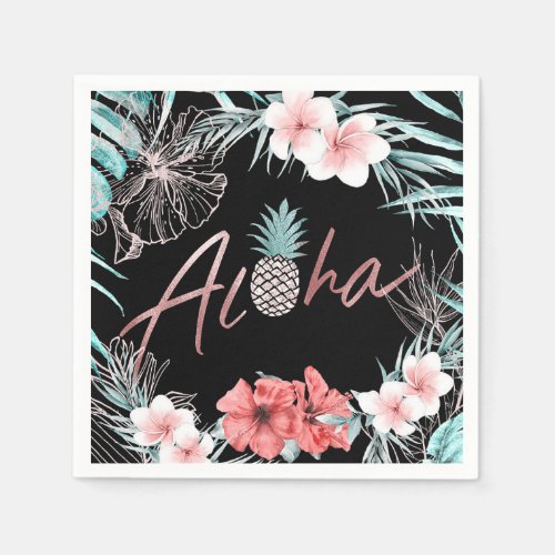 Rose Gold Tropical Pineapple Botanical Aloha Luau Napkins