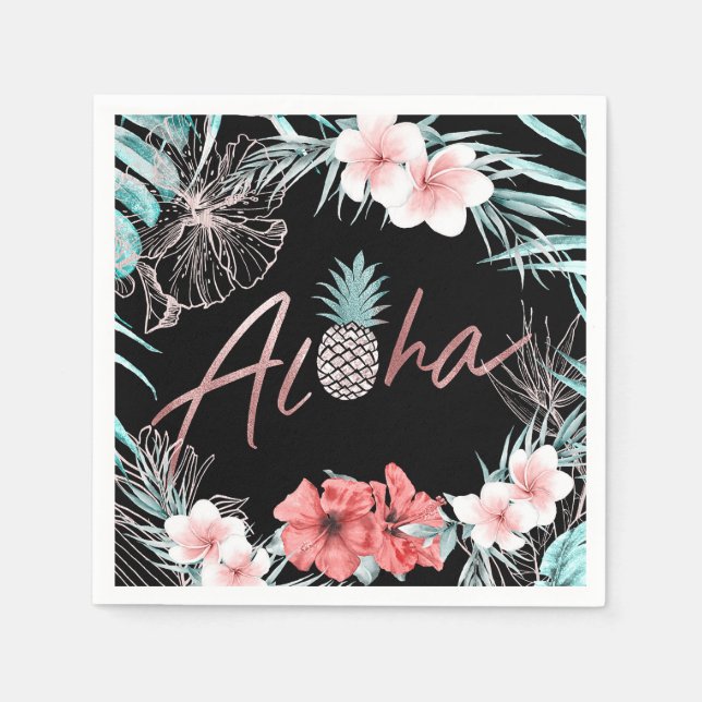 Rose Gold Tropical Pineapple Botanical Aloha Luau Napkins (Front)