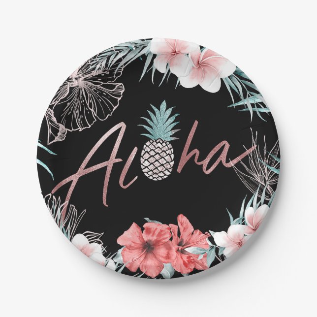 Rose Gold Tropical Pineapple Botanical Aloha Luau Paper Plates (Front)