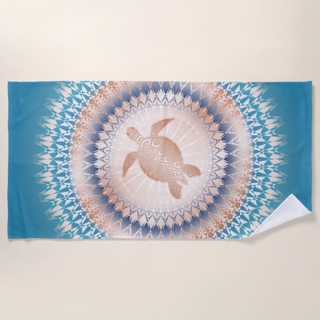 Rose Gold Turquoise Turtle Mandala Coastal Beach Towel (Front)