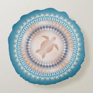 Rose Gold Turquoise Turtle Mandala Coastal Round Pillow