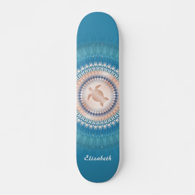 Rose Gold Turquoise Turtle Mandala Monogram Skateboard (Front)