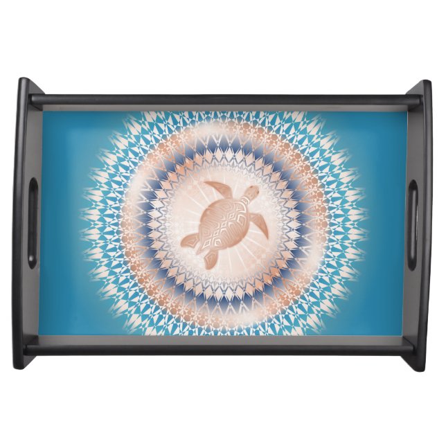 Rose Gold Turquoise Turtle Mandala Serving Tray (Front)