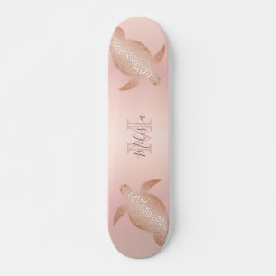 Rose Gold Turtle Blush Apricot Monogram Tropical Skateboard