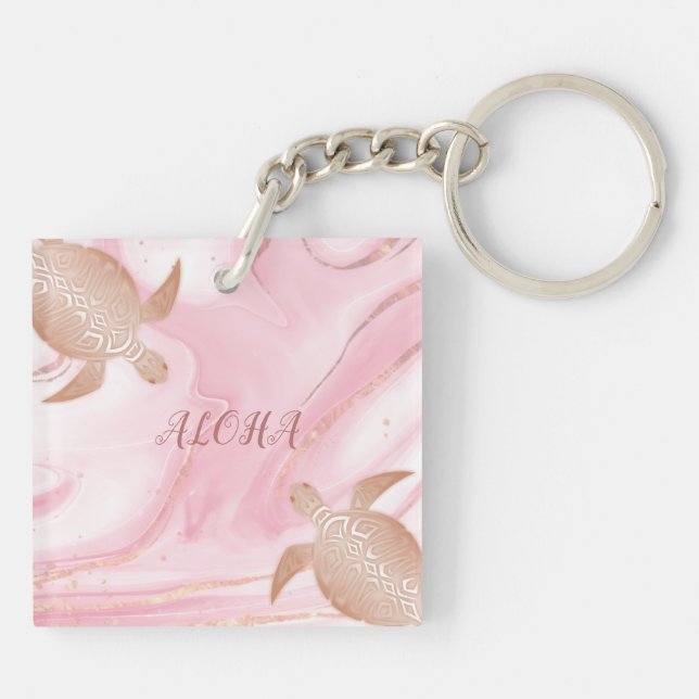 Rose Gold Turtle Blush Marble Aloha Keychain (Back)