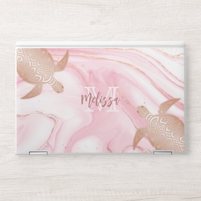 Rose Gold Turtle Blush Marble Monogram Your Name HP Laptop Skin (Front)