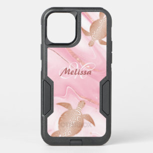 Rose Gold Turtle Blush Marble Monogram Your Name  OtterBox Commuter iPhone 12 Case