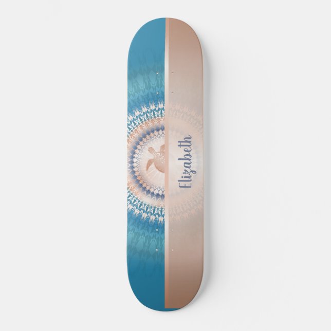 Rose Gold Turtle Mandala Add Name Turquoise Skateboard (Front)
