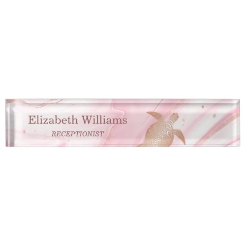 Rose Gold Turtle Pink Marble Ink Coastal Desk Name Plate