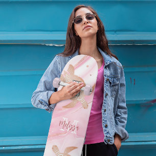 Rose Gold Turtle Pink Marble Ink Your Name Skateboard