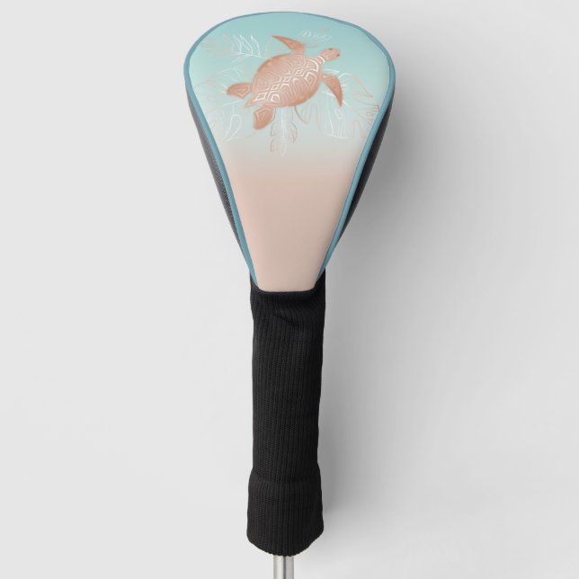 Rose Gold Turtle Tropical Leaves Golf Head Cover (Front)