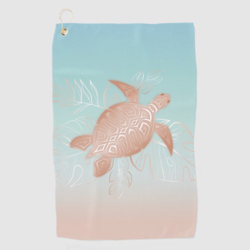 Rose Gold Turtle Tropical Leaves Golf Towel