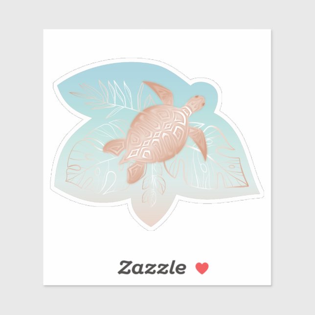 Rose Gold Turtle Tropical Leaves Sticker (Sheet)