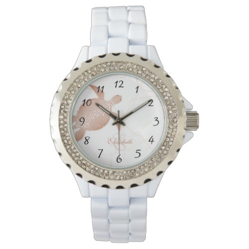 Rose Gold Turtle White Marble Monogram Your Name Watch