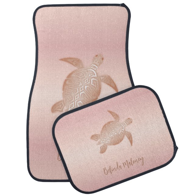 Rose Gold Turtles Blush Apricot Monogram Car Floor Mat (Set)