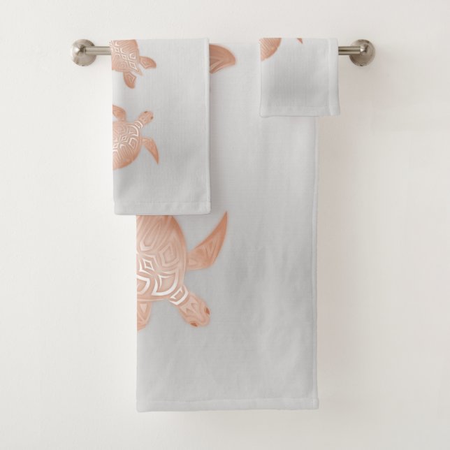 Rose Gold  Turtles Gray  Elegant Coastal Bath Towel Set (Insitu)