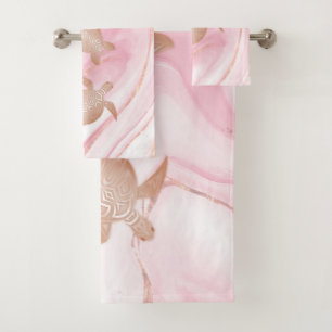 Rose Gold Turtles Ink Marble Coastal Bath Towel Set