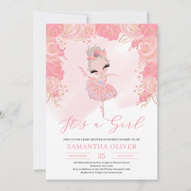 Rose gold tutu ballerina blush bloral Baby Shower Invitation (Front)