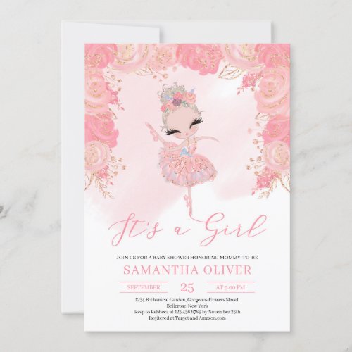 Rose gold tutu ballerina blush bloral Baby Shower Invitation