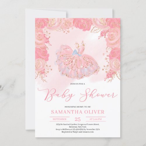 Rose gold tutu dress blush floral Baby Shower Invitation