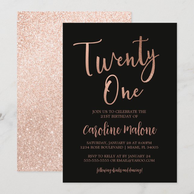 Rose Gold Twenty One Birthday Invitation | Glitter (Front/Back)