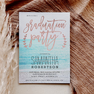 Rose gold typography beach graduation party invitation