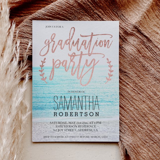 Rose gold typography beach graduation party invitation (Creator Uploaded)